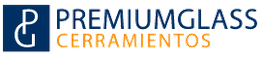 Logo de Premium Glass Cerramientos con letras azules y naranjas sobre fondo blanco.