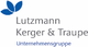Logo mit blauen Blättern und Text: "Lutzmann Kerger & Traupe Unternehmensgruppe".
