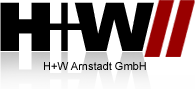Logo mit Text: H+W Arnstadt GmbH, schwarzes "H+W" und rote Streifen.