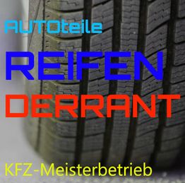 Nahaufnahme eines Autoreifens mit den Worten: AUTOTeile, REIFEN DERRANT, KFZ-Meisterbetrieb.