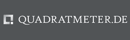 Logo von Quadratmeter.de auf grauem Hintergrund, weißer Text und ein Quadrat-Symbol links.