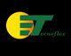 Logo con E e T in verde su sfondo giallo, testo "tecnoflex" in verde. Sfondo nero.