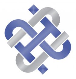 Símbolo abstrato entrelaçado em cinza e azul com formas geométricas.