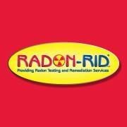 Radon-Rid logo with yellow oval and red text on a red background.