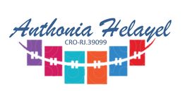 Logo colorido com nome Anthonia Helayel e número CRO-RJ.39099, inclui símbolo de um aparelho ortodôntico.