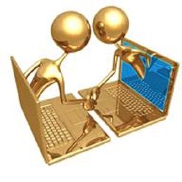 Two golden figures shaking hands through laptops, symbolizing online communication.