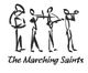 Strichzeichnungen von Musikern mit Blasinstrumenten, darunter der Text "The Marching Saints".