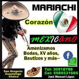 Mariachi tocando trompeta, texto promocional de eventos en San Gregorio Cuautzingo, Chalco.