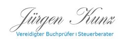 Text: "Jürgen Kunz, Vereidigter Buchprüfer I Steuerberater" in eleganten Schriften.