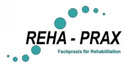 Logo mit Schriftzug "REHA-PRAX" und "Fachpraxis für Rehabilitation", blaue Kreise als Verzierung.