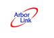 Logo mit blauem Text "Arbor Link", umgeben von rot geschwungenem Bogen.