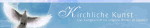Taube fliegt vor blauem Himmel mit dem Text "Kirchliche Kunst".