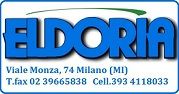 Eldoria, Viale Monza 74, Milano. Tel: 02 39665838, Cell: 393 4118033. Logos su sfondo bianco.
