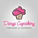Cartoon-Cupcake mit Gesicht, Text: "Danys Cupcakery, Cupcakes & Catering", rosa Schrift.