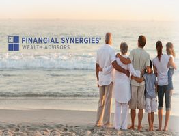 Family on a beach at sunset with "Financial Synergies Wealth Advisors" logo on the left.
