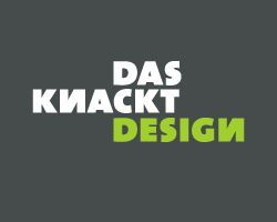 Text auf dunklem Hintergrund: "DAS KNACKT DESIGN" in Weiß und Grün.