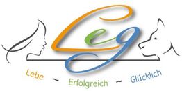 Logo mit einem Gesicht, Hundekopf und Text: "Lebe Erfolgreich Glücklich".