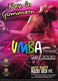 Frau tanzt Zumba; Text: "Neu in Gommern, Zumba Fitness mit Rania. Diese Party macht dich fit."