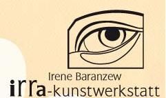Logo mit stilisiertem Auge und Text: "Irene Baranzew irra-kunstwerkstatt".