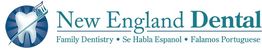 Logo for New England Dental, featuring a tooth and a toothbrush, with multilingual services listed.