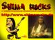 Illustration und Foto von Gitarrenspielern, Text: "Shima Rocks" und URL mit E-Gitarrenunterricht.
