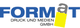 Logo der Format Druck und Medien GmbH: "FORMAT" in Blau, "at" in Grau, gelbes Quadrat im Hintergrund.