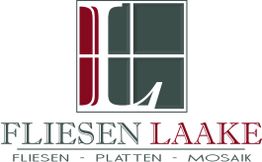 Logo von Fliesen Laake, Text: Fliesen - Platten - Mosaik, mit stilisiertem grafischem Symbol.