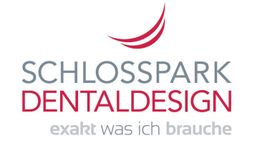 Logo von Schlosspark Dentaldesign mit rotem Zahnmotiv und dem Slogan "exakt was ich brauche".