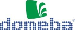 Das Logo zeigt "domeba" in blauen Punkten und ein grünes Quadrat mit weißen Formen darüber.