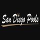 "San Diego Pools" text with a crown on a black background.