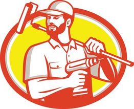Illustration of a worker in a cap holding a paint roller and a drill, in a retro style.