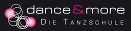 Logo von "dance&more Die Tanzschule" mit weißen und pinken Kreisen auf schwarzem Hintergrund.