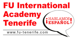 Texto rojo: "FU International Academy Tenerife". Globo dice: "Hablamos Español".