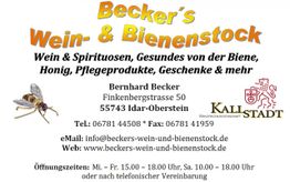 Geschäftsanzeige für Becker's Wein- & Bienenstock mit Kontaktdaten und Öffnungszeiten.