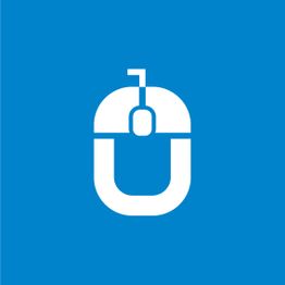 White computer mouse logo on a blue background, forming the letter "U".