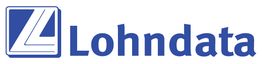 Logo mit blauem Schriftzug "Lohndata" und stilisiertem Buchstaben "L" in einem Quadrat.