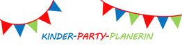 Bunte Wimpelketten mit Text "Kinder-Party-Planerin" in blau, rot und grün auf weißem Hintergrund.