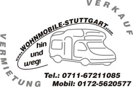 Logo von Wohnmobile-Stuttgart mit Kontaktnummer und Silhouette eines Wohnmobils.