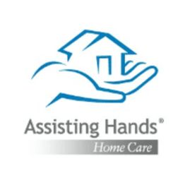 Logo of Assisting Hands Home Care: a hand holding a house, with text below.