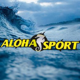Ola del mar con el logo "Aloha Sport" sobre un caballito de mar.
