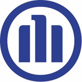 Blaues Logo mit drei vertikalen Balken in einem Kreis.