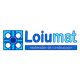 Logo azul de Loiumat con texto "materiales de construcción" y cuatro círculos.