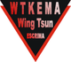 Schwarzes Dreieck mit rotem Rand und Text: "WTKEMA Wing Tsun Escrima" in verschiedenen Farben.