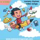 Child riding a flying pencil with educational icons around; text: "nursery rhymes video songs."
