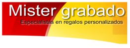 Banner de Mister grabado: "Especialistas en regalos personalizados" sobre fondo rojo y amarillo.