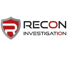 Logo mit einem Schild und dem Text "RECON INVESTIGATION" in Schwarz und Rot.