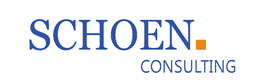 Logo von Schoen Consulting mit blauem Text und einem orangefarbenen Punkt am Ende.