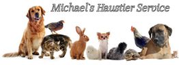 Haustiere vor weißem Hintergrund mit Schriftzug „Michael's Haustier Service“ oben.