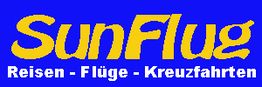 Logo von SunFlug auf blauem Hintergrund: Reisen - Flüge - Kreuzfahrten in gelber Schrift.