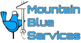 Blue bird in hard hat near electrical pole with "Mountain Blue Services" text.
